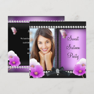 Sweet 16 Sixteen Pink Purple Black Butterfly Invitation