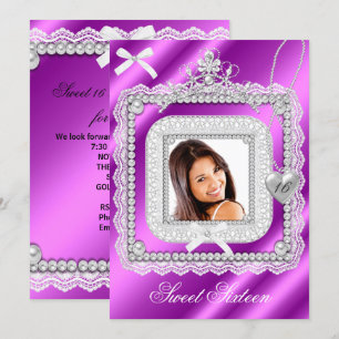 Sweet 16 Sixteen Pink Purple Lace Pearl Photo 2 Invitation