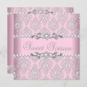 Sweet 16 Sixteen Pink Silver White Pearl Lace Invitation