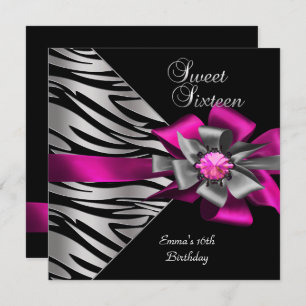 Sweet 16 Sixteen Pink Silver Zebra Black Grey Bow Invitation