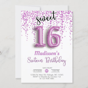 Sweet 16 sixteen purple balloons birthday invite. invitation