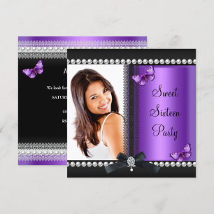 Sweet 16 Sixteen Purple Black Butterfly Invitation