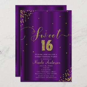 SWEET 16 Sixteen Purple & Gold Confetti Corners Invitation