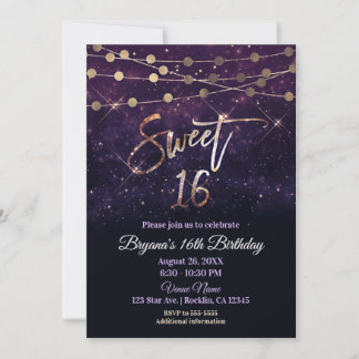 Sweet 16 Sixteen Purple & Gold Sparkle Lights Invitation