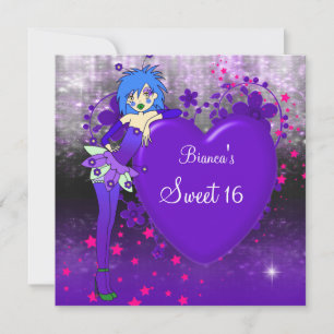 Sweet 16 Sixteen Purple Heart Fairy Pink Stars Invitation