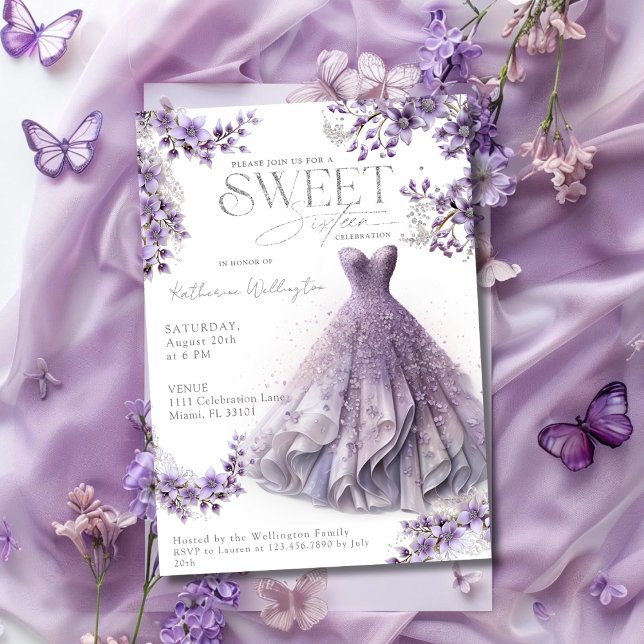 Sweet 16 Sixteen Purple Lilac Dress Floral Invitation (Sweet 16 Sixteen Purple Lilac Dress Floral Invitation)