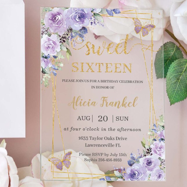 Sweet 16 Sixteen Purple Lilac Floral Butterflies Acrylic Invitations (Creator Uploaded)