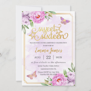 Sweet 16 Sixteen Purple Lilac Floral Butterflies Invitation