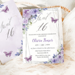 Sweet 16 Sixteen Purple Lilac Floral Butterflies Invitation