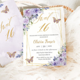 Sweet 16 Sixteen Purple Lilac Floral Butterflies Invitation