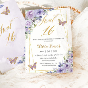 Sweet 16 Sixteen Purple Lilac Floral Butterflies  Invitation