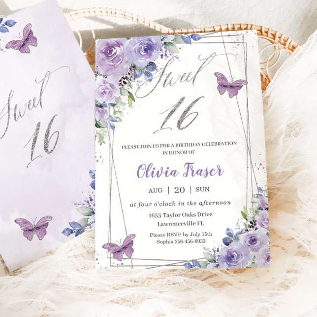 Sweet 16 Sixteen Purple Lilac Floral Butterflies Invitation (Creator Uploaded)