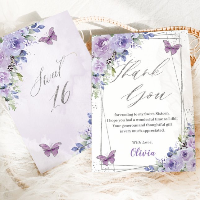 Sweet 16 Sixteen Purple Lilac Floral Butterflies Thank You Card (Creator Uploaded)