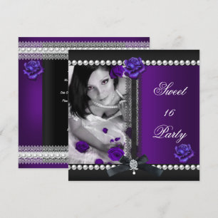 Sweet 16 Sixteen Purple Rose Black Pearl Invitation