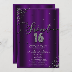 SWEET 16 Sixteen Purple & Silver Confetti Corners Invitation