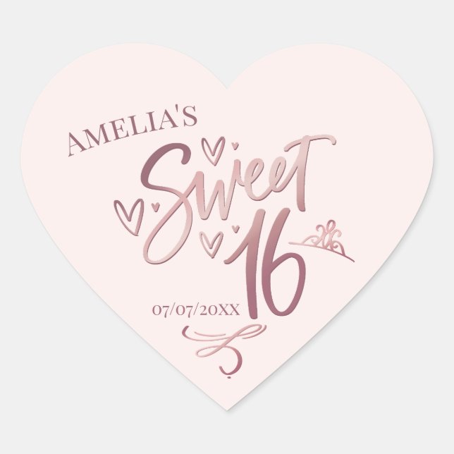 Sweet 16 Sixteen rose gold Heart Sticker (Front)