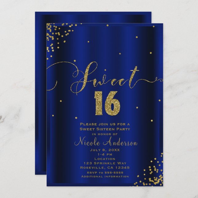 SWEET 16 Sixteen Royal Blue Gold Confetti Corners Invitation (Front/Back)