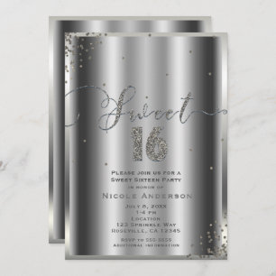 SWEET 16 Sixteen Silver Glam Confetti Corners Invitation