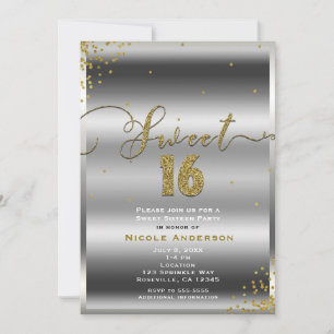 SWEET 16 Sixteen Silver & Gold Confetti Corners Invitation