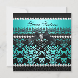 Sweet 16 Sixteen Teal Black Pearl Lace Damask Invitation