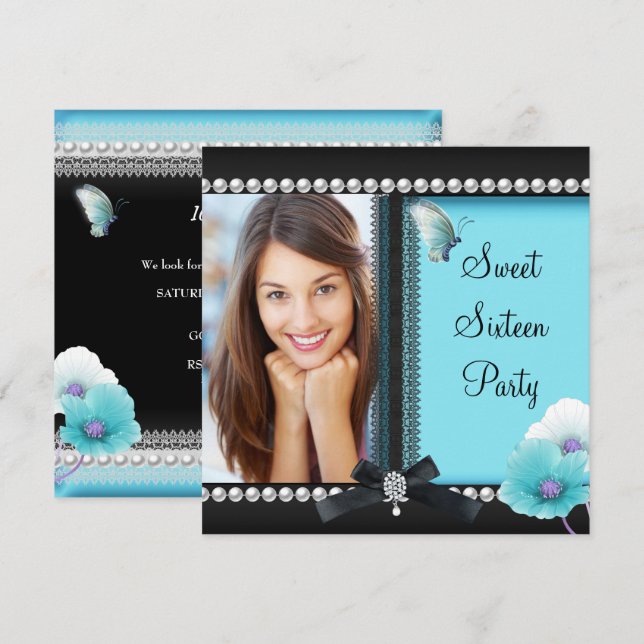 Sweet 16 Sixteen Teal Blue Black Butterfly Invitation (Front/Back)