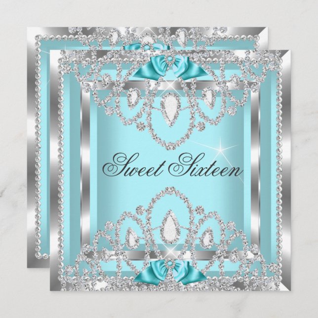 Sweet 16 Sixteen Teal Blue Silver Diamond Party 2I Invitation (Front/Back)