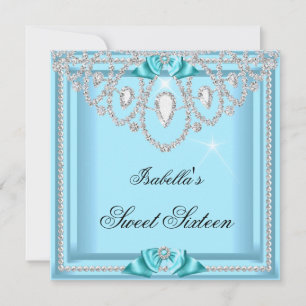 Sweet 16 Sixteen Teal Blue Silver Diamond Party 5 Invitation