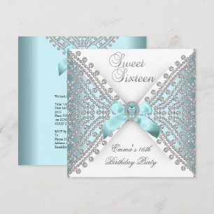 Sweet 16 Sixteen Teal Blue Silver White Diamond Invitation