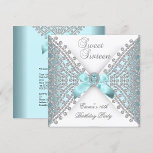 Sweet 16 Sixteen Teal Blue Silver White Diamond Invitation