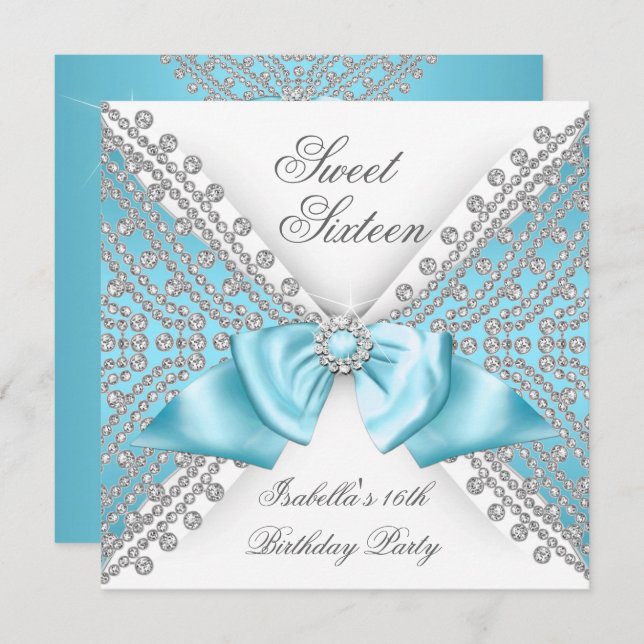 Sweet 16 Sixteen Teal Blue White Diamond Party 2 Invitation (Front/Back)