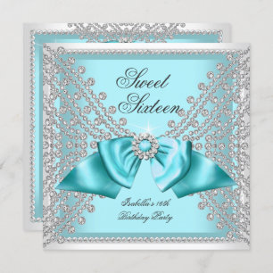 Sweet 16 Sixteen Teal Blue White Diamond Party 3c Invitation