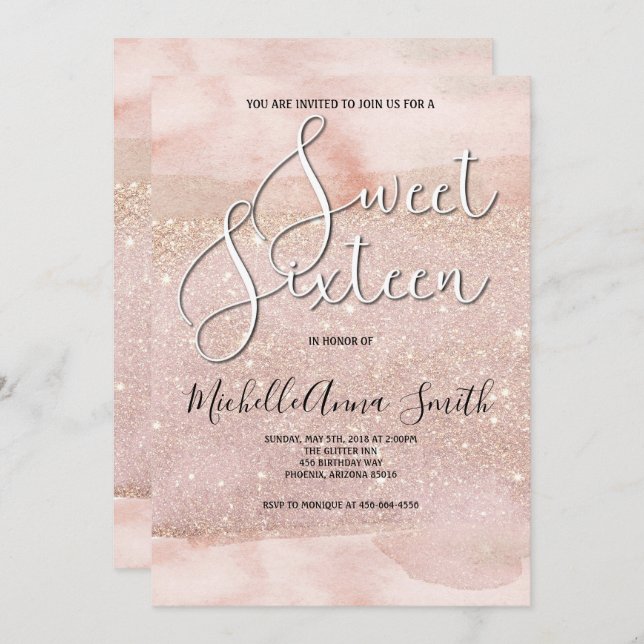 Sweet 16 Sixteen Watercolor Blush Invitation (Front/Back)
