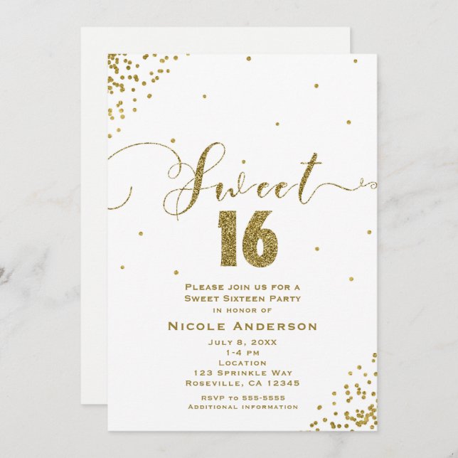 SWEET 16 Sixteen White & Gold Confetti Corners Invitation (Front/Back)