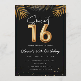 Sweet 16 Sixteenth With Golden Tropical Leaves Invitation