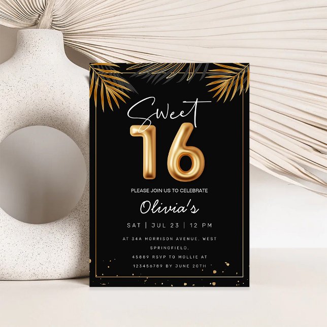 Sweet 16 Sixteenth With Golden Tropical Leaves Invitation (Creator Uploaded)