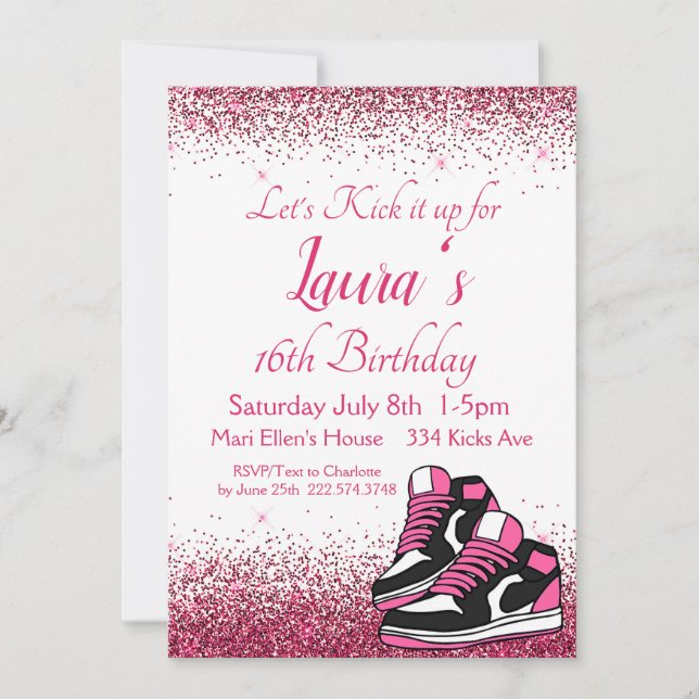 Sweet 16, Sneaker Birthday, Pink Glitter  Invitation (Front)