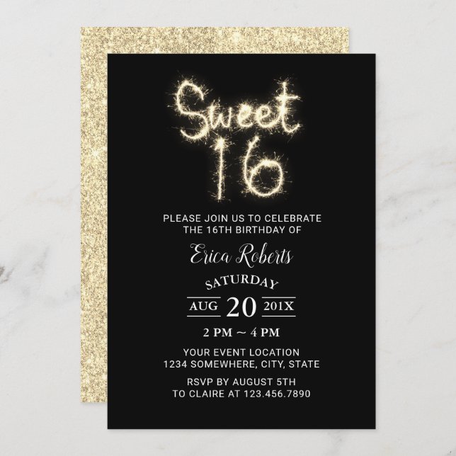 Sweet 16 Sparkler Modern Gold Glitter Birthday Invitation (Front/Back)