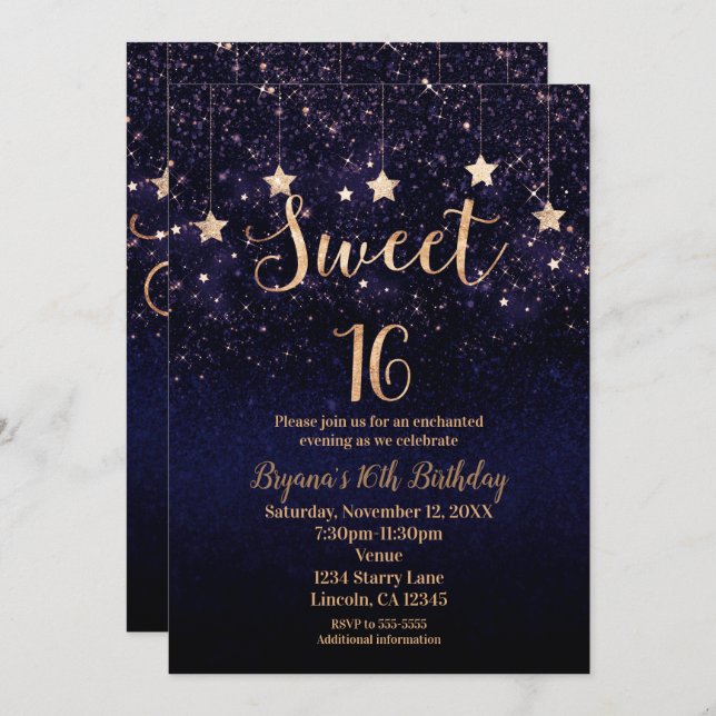 Sweet 16 Starry Night Gold Purple Sparkle Party Invitation (Front/Back)