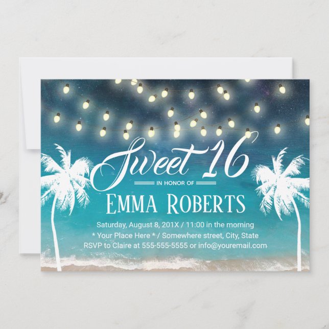 Sweet 16 String Lights Summer Beach Palm Trees Invitation (Front)