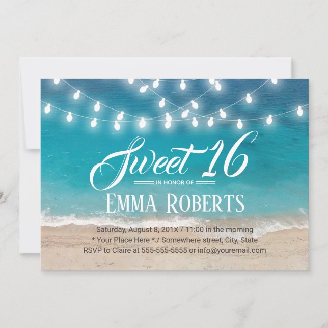 Sweet 16 Summer Beach & String Lights Invitation (Front)