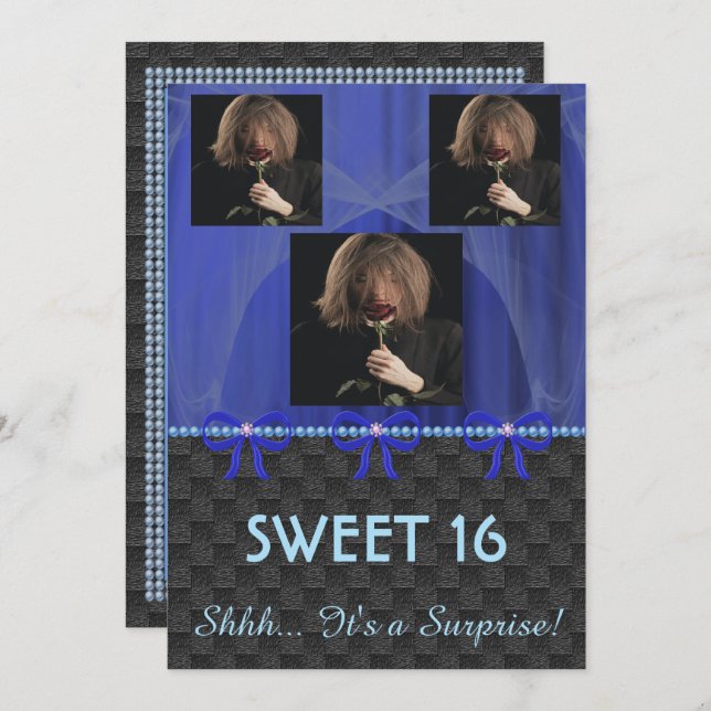 Sweet 16 Surprise Party Blue Silk & Pearls & photo Invitation (Front/Back)