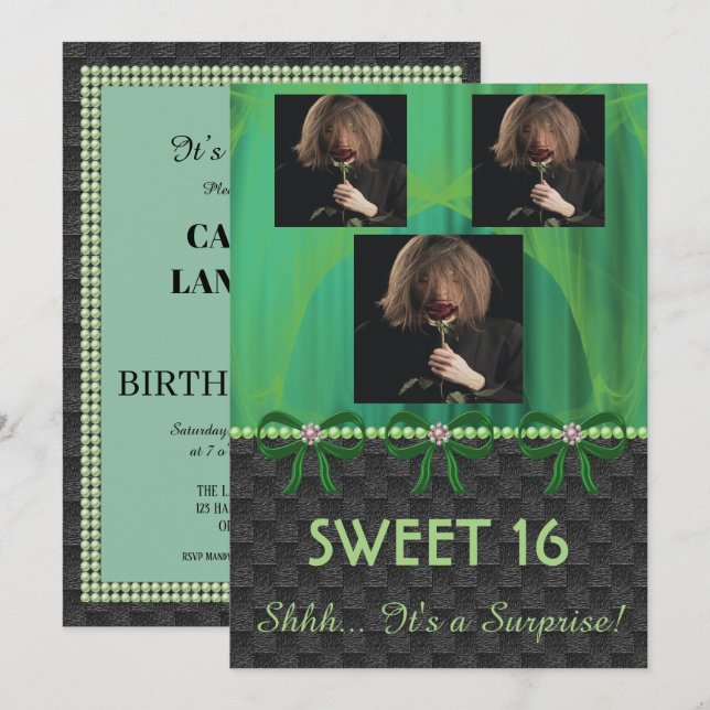 Sweet 16 Surprise Party Green Silk & Pearls & phot Invitation (Front/Back)