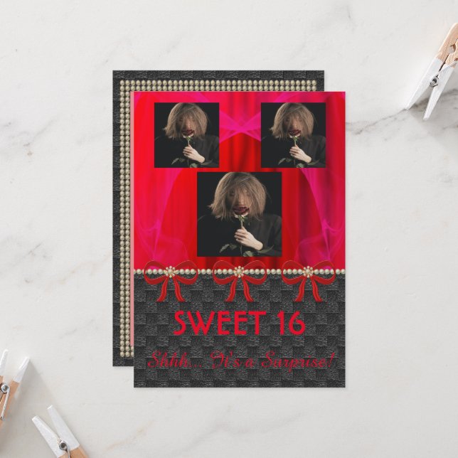 Sweet 16 Surprise Party Red Silk & Pearls & photos Invitation (Front/Back In Situ)