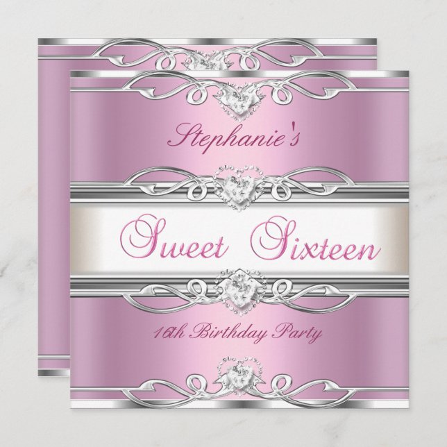 Sweet 16 sweet Sixteen Birthday Party Pink Silver Invitation (Front/Back)