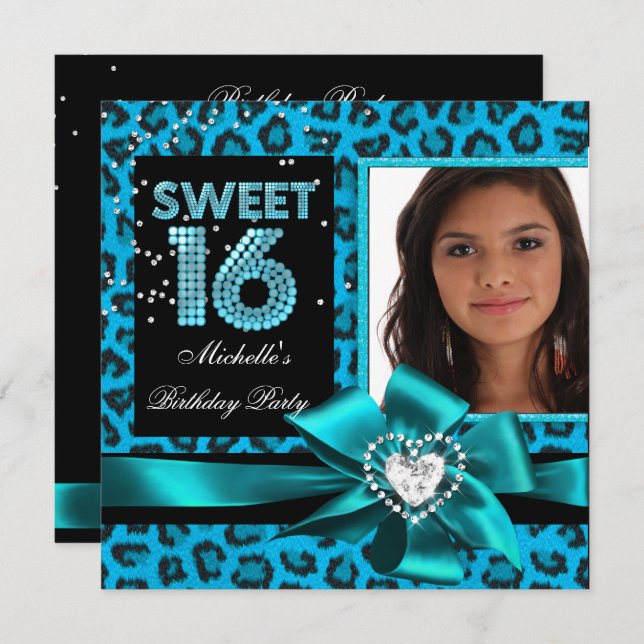 Sweet 16 Sweet Sixteen Blue Leopard Photo Invitation (Front/Back)