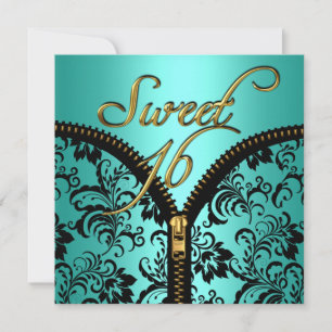 Sweet 16 Sweet Sixteen Damask Teal Blue Gold Black Invitation