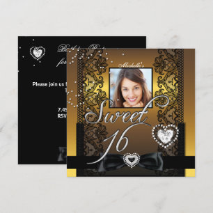 Sweet 16 Sweet Sixteen Gold Black Lace Photo Invitation