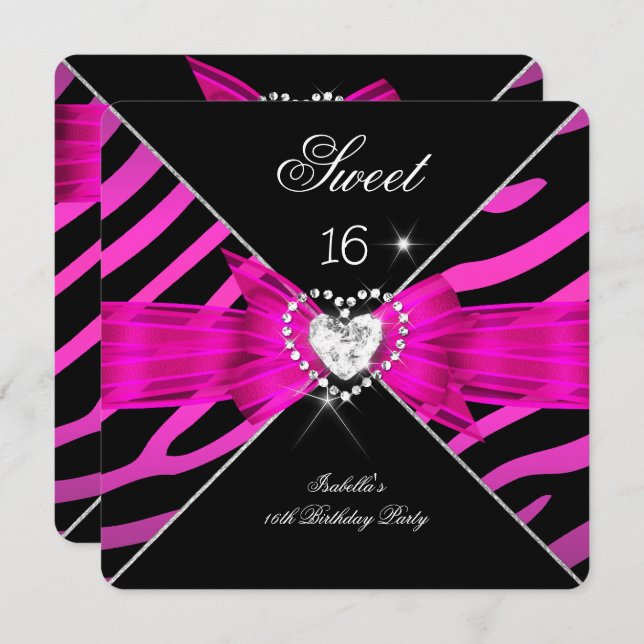 Sweet 16 Sweet Sixteen Hot Pink Black Zebra 2 Invitation (Front/Back)