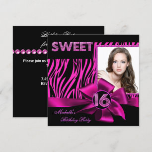 Sweet 16 Sweet Sixteen Hot Pink Zebra Photo Invitation