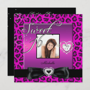 Sweet 16 Sweet Sixteen Pink Black Leopard Photo Invitation